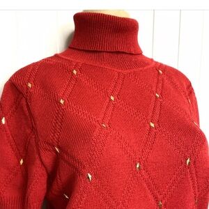 St. John Red Turtleneck Sweater with Gold Accents